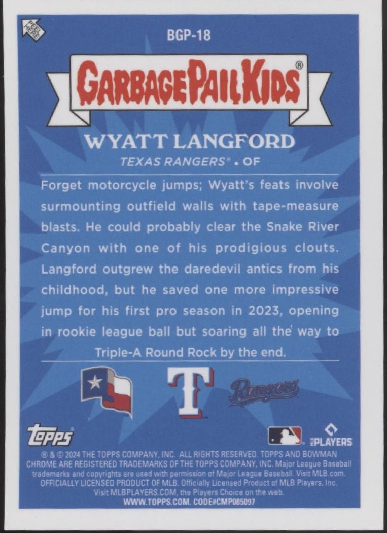 Wyatt Langford 2024 Bowman Chrome Garbage Pail Kids Daredevil Wyatt RC #BPG - 18 - Collector Store LLC