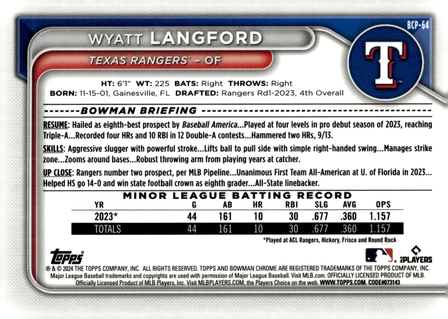 Wyatt Langford 2024 Bowman Chrome Purple Ray Wave Refactor RC 112/250 #BCP - 64 - Collector Store LLC