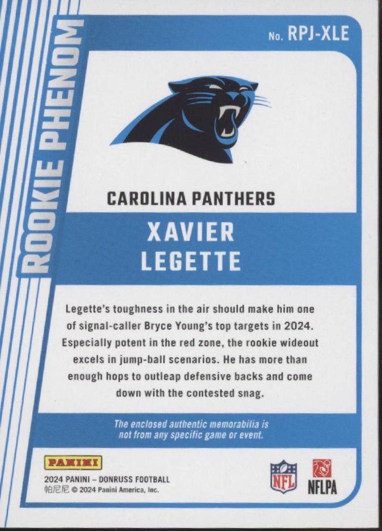 Xavier Legette 2024 Panini Donruss Rookie Phenom Swatch RC RPJ - XLE - Collector Store LLC