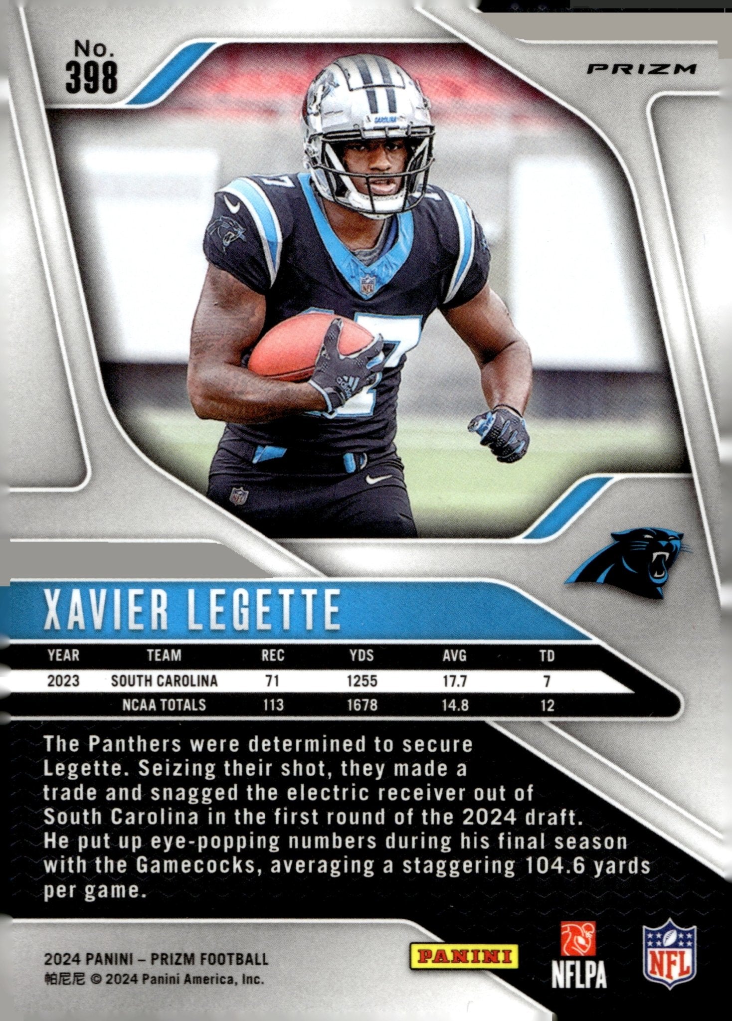 Xavier Legette 2024 Panini Prizm Red White & Blue Prizm RC #398 - Collector Store LLC