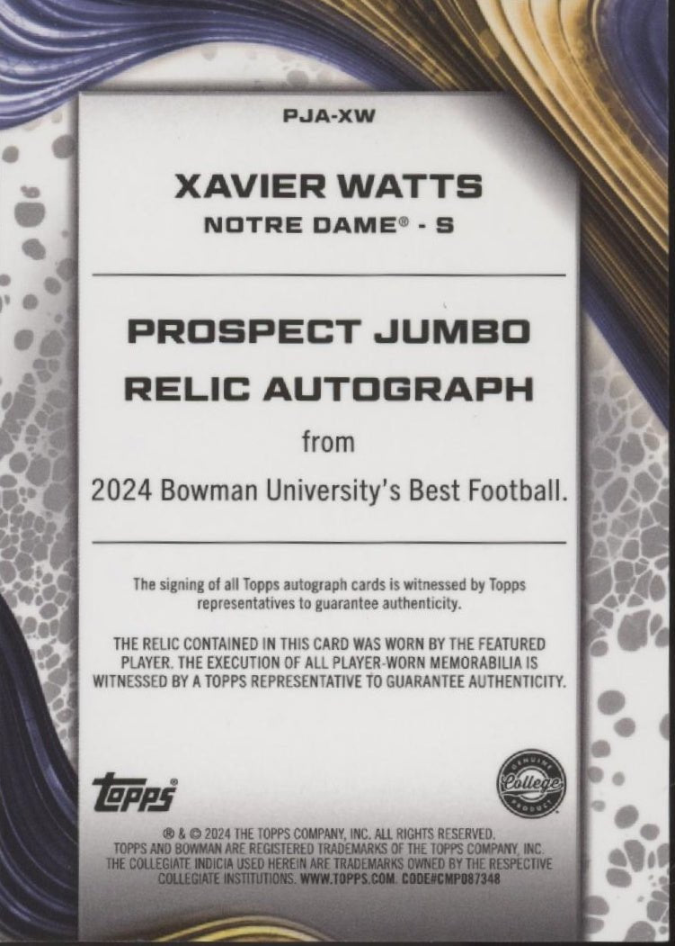 Xavier Watts 2024 Bowman University's Best Swatch Auto 16/49 #PJA - XW - Collector Store LLC