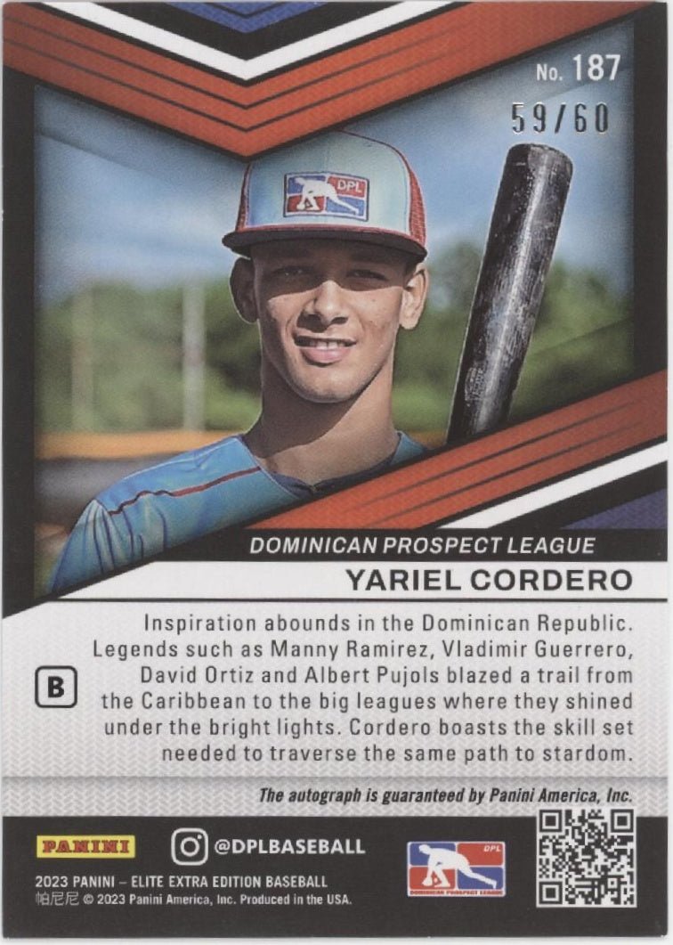 Yariel Cordero 2023 Panini Elite Extra Edition Prime Numbers Auto 59/60 #187 - Collector Store LLC