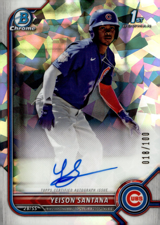 Yeison Santana 2022 Bowman Chrome Prospects Cracked Ice Refractor Auto 018/100 - Collector Store LLC