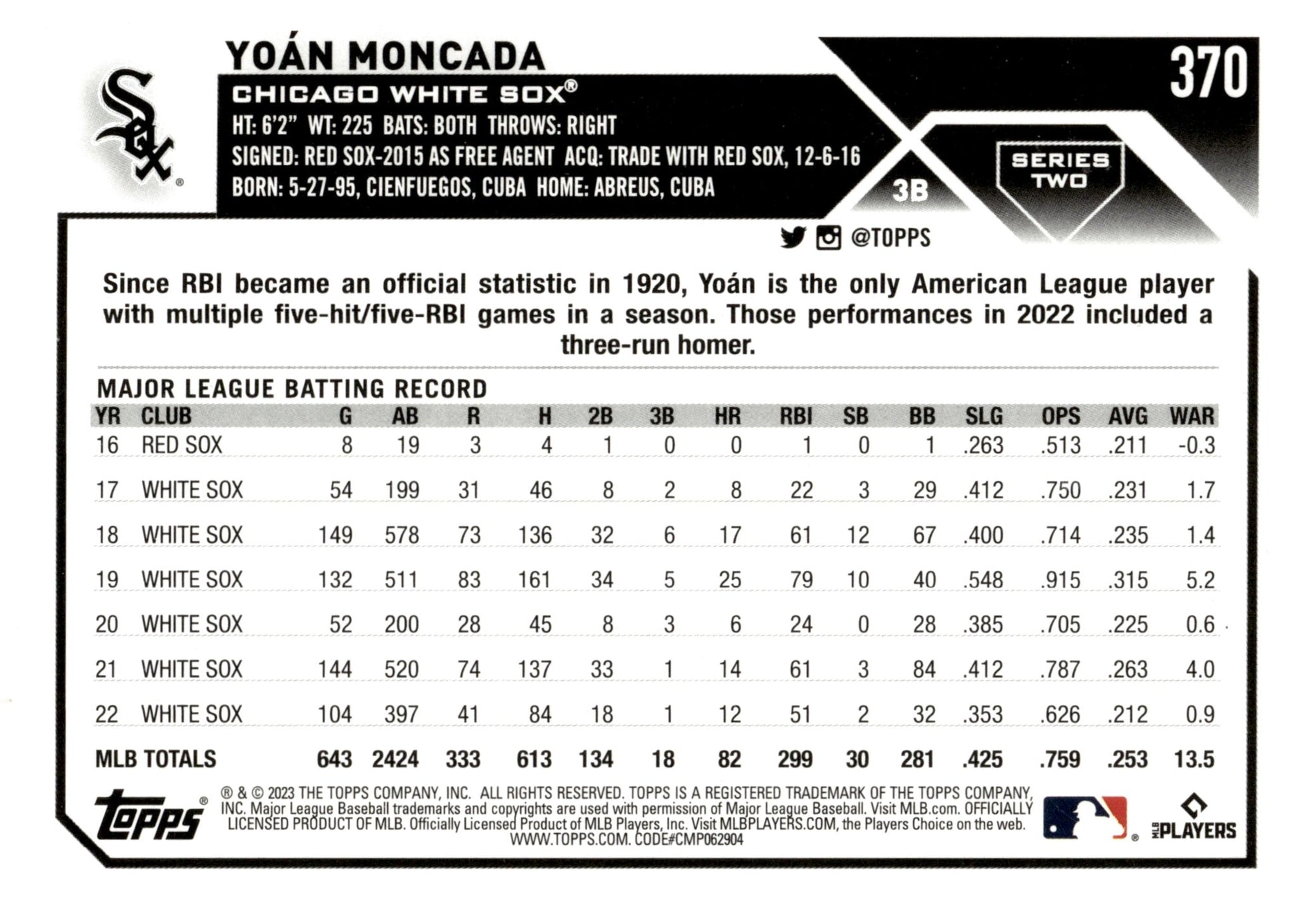 Yoan Moncada 2023 Topps Series 2 Green Foilboard 467/499 #370 - Collector Store LLC