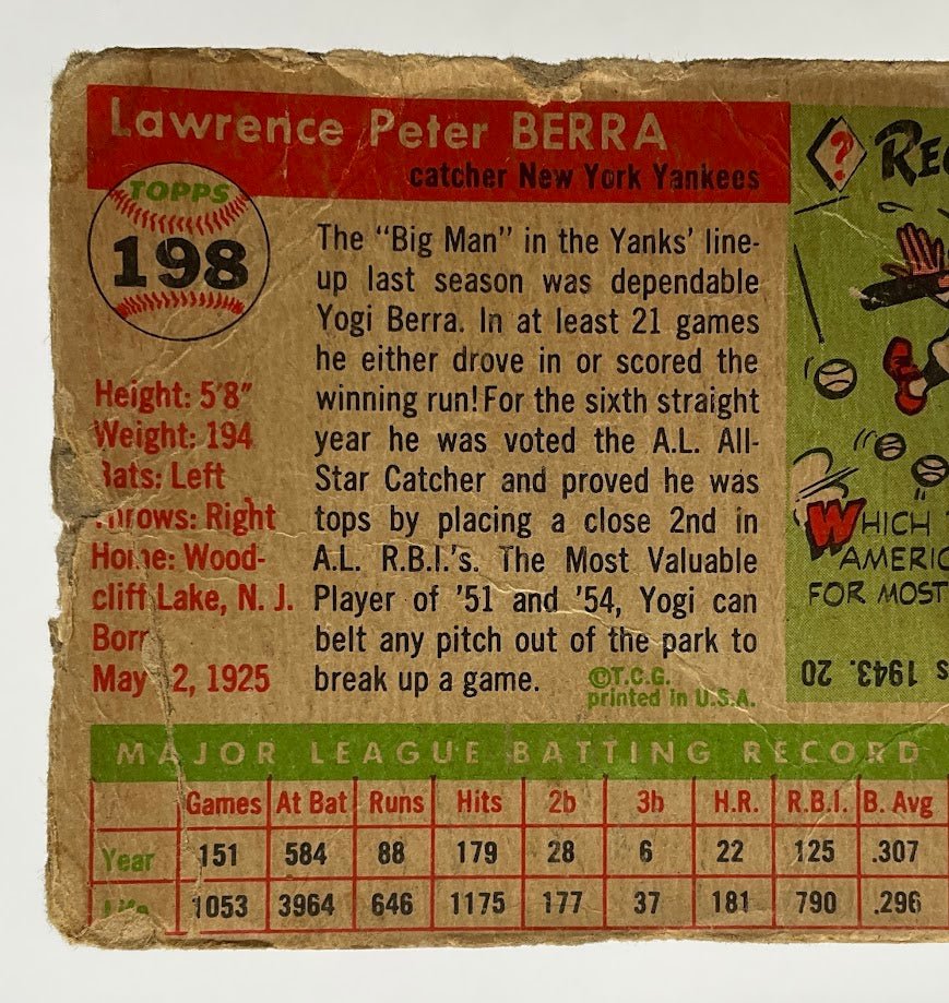 Yogi Berra 1955 Topps #198 New York Yankees PR - Collector Store LLC