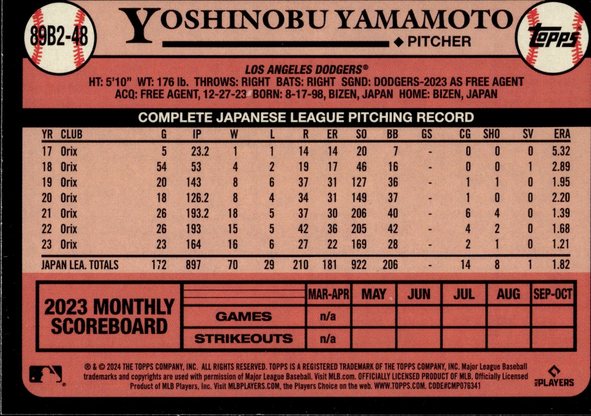 Yoshinobu Yamamoto 2024 Topps 35th Anniversary RC #89B2 - 48 - Collector Store LLC