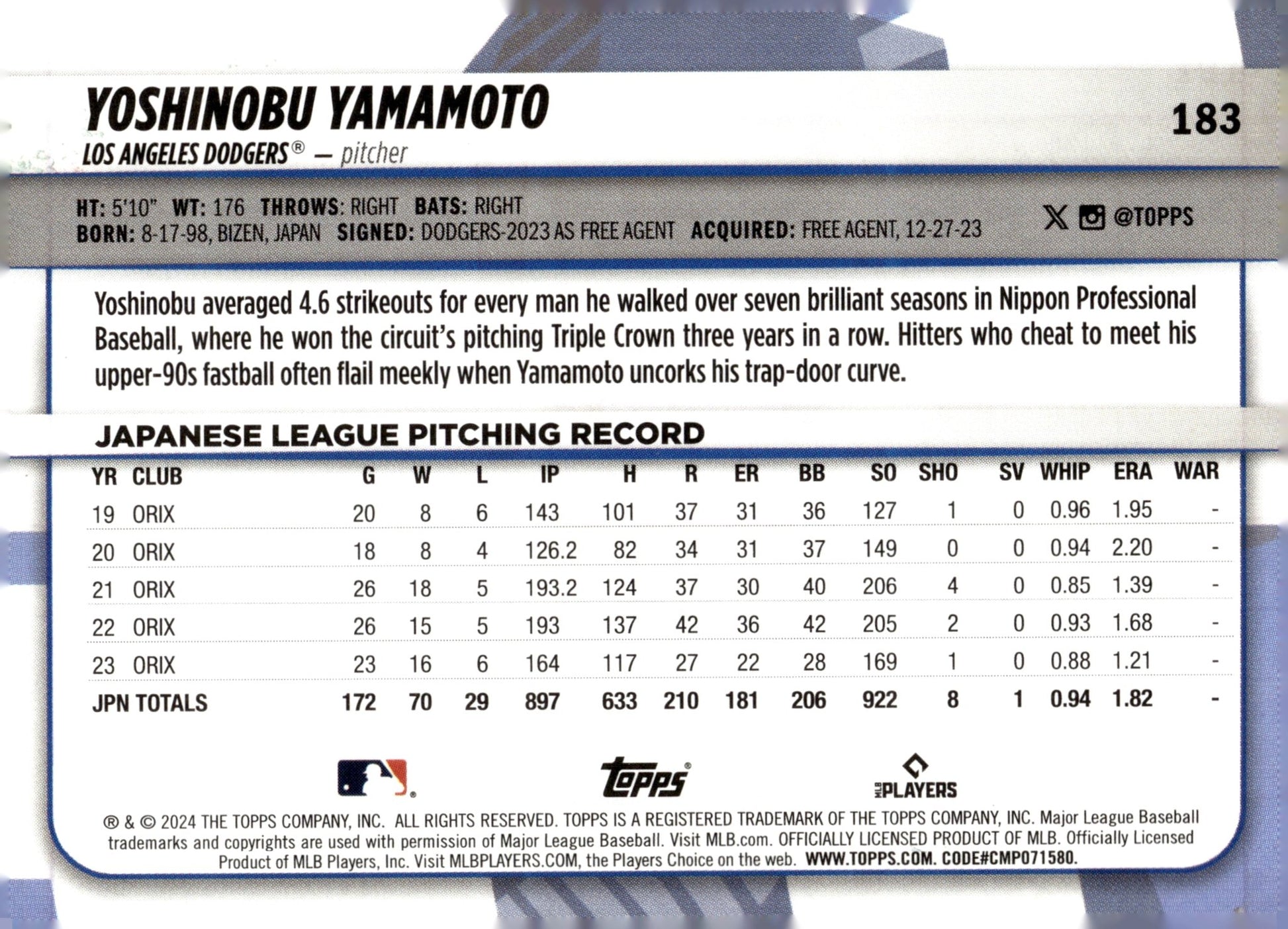 Yoshinobu Yamamoto 2024 Topps Big League RC #183 - Collector Store LLC