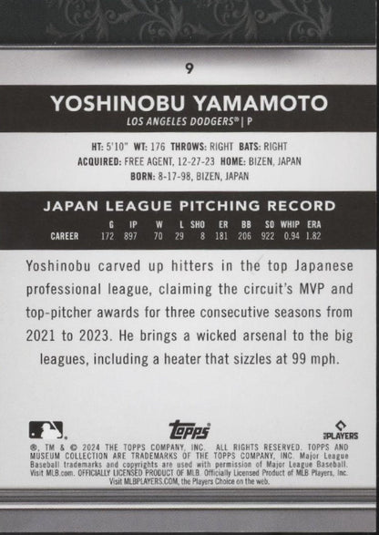 Yoshinobu Yamamoto 2024 Topps Museum Collection RC 9 - Collector Store LLC