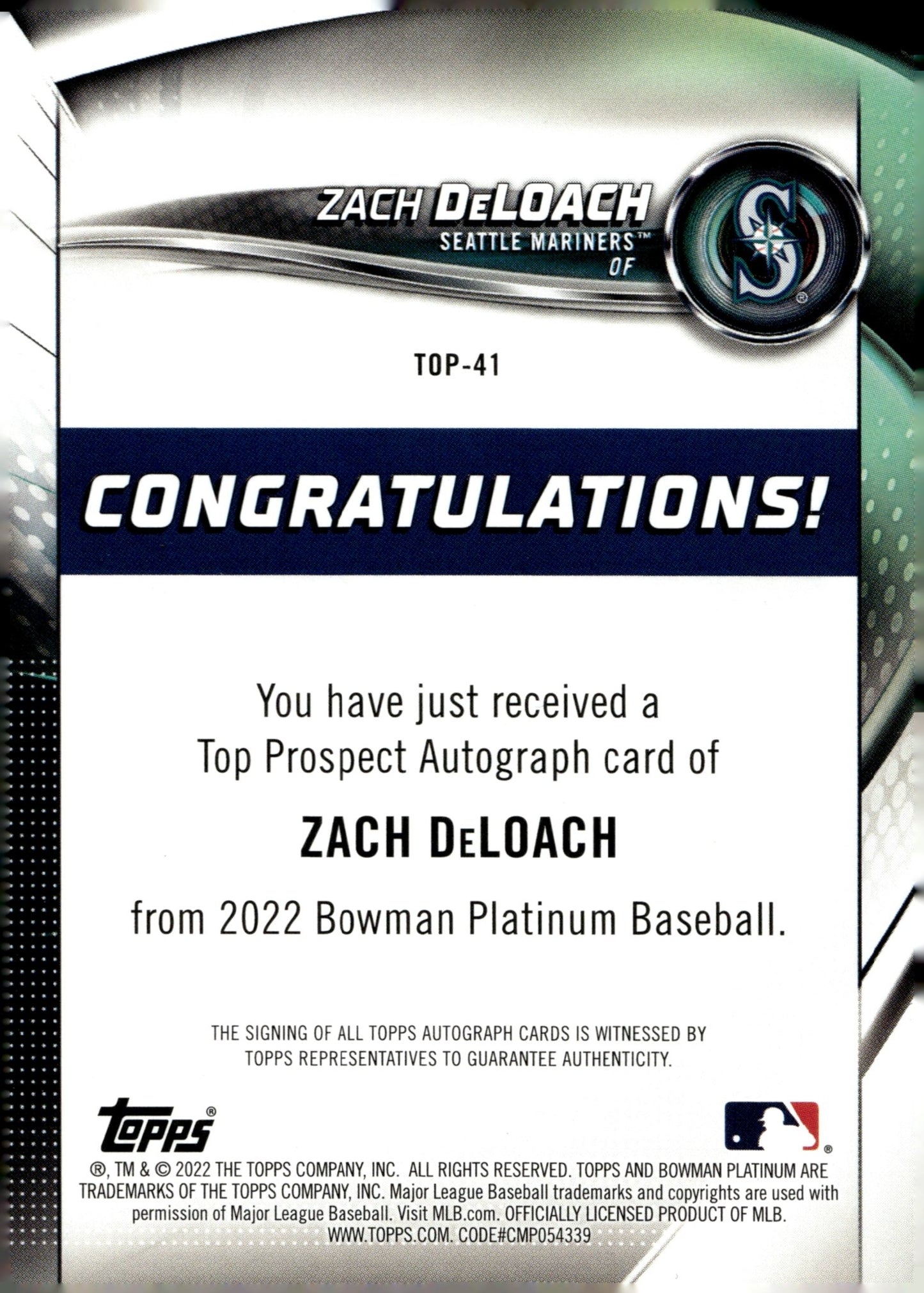 Zach DeLoach 2022 Bowman Platinum Orange Foil Auto 16/25 #TOP - 41 - Collector Store LLC