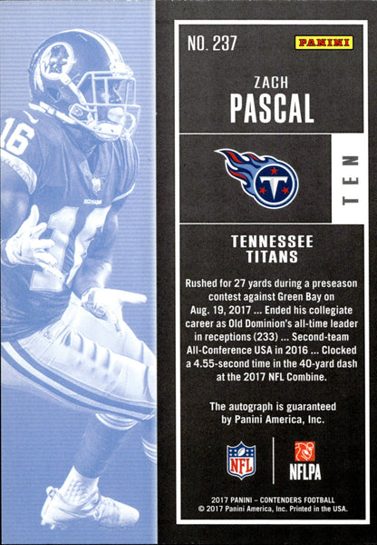 Zach Pascal 2017 Panini Contenders Rookie Ticket RC Auto #237 - Collector Store LLC