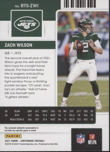 Zach Wilson 2021 Panini Contenders Rookie Ticket Swatch RC #RTS - ZWI - Collector Store LLC