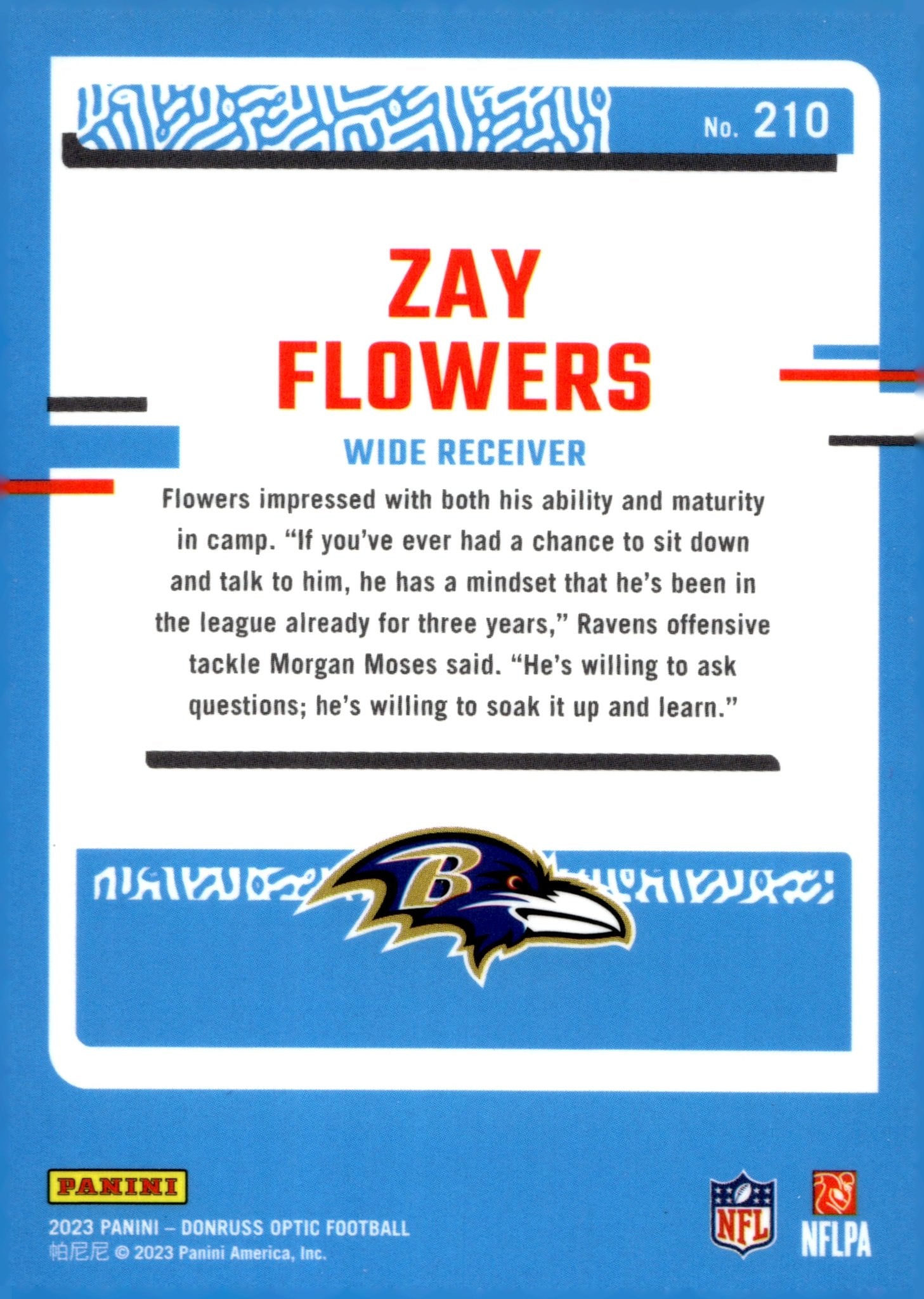 Zay Flowers 2023 Panini Donruss Optic Rated Rookie RC #210 - Collector Store LLC